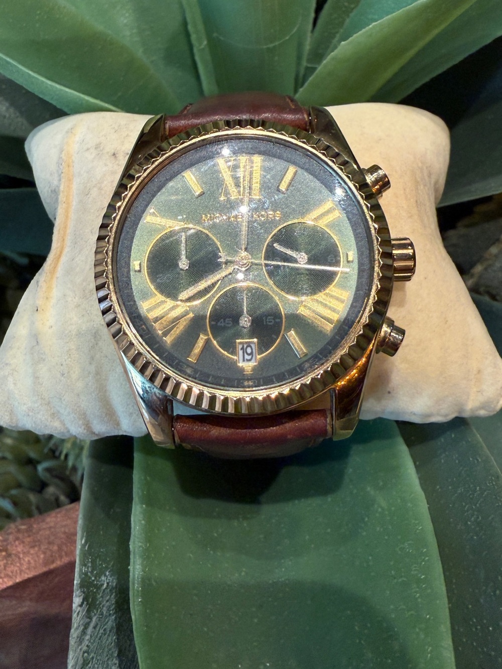 Michael Kors MK2437 Green Dial Chronograph Watch | Gold Tone Brown Leather